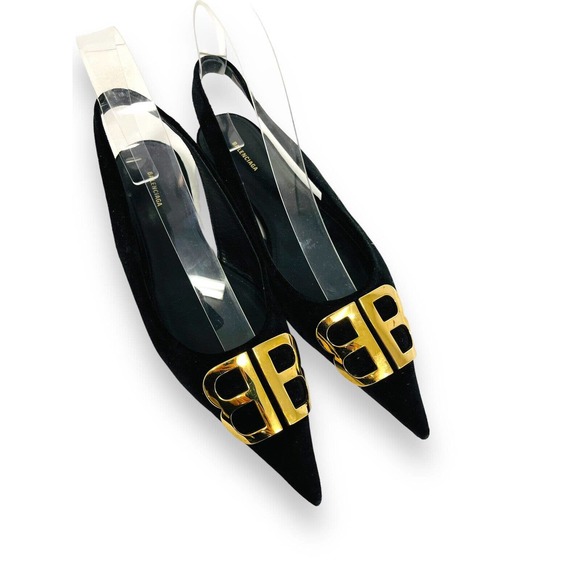 BALENCIAGA Black Velvet BB Knife Logo Slingback Pointed Toe Flats Size 36 US 6 - Picture 3 of 9